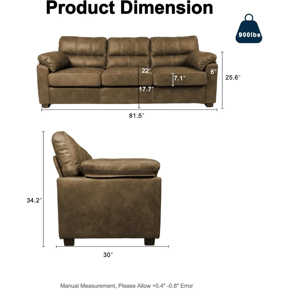 أريكة من الجلد الصناعي البني بثلاثة مقاعد مع مساند للذراعين واسعة ووسائد ومقعد عميق وخياطة متباينة