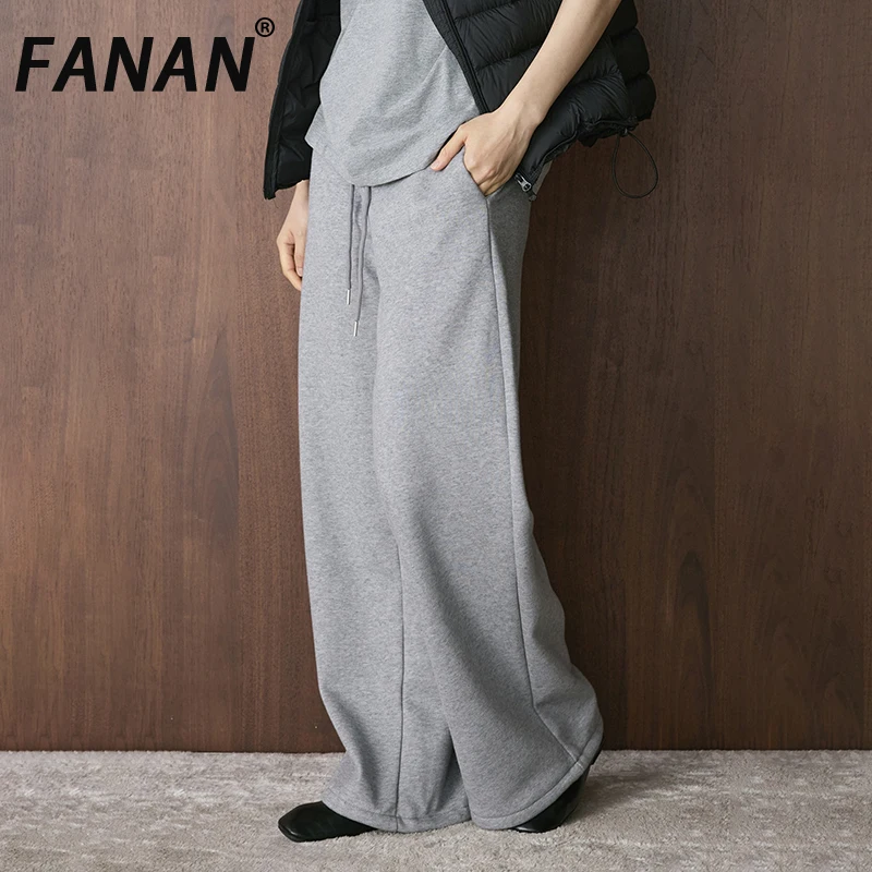 

FANAN Sport Thick Warm Pants For Women Drawstring High Waist Straight Wide Leg Trousers Office Lady Clothing 2025 Winter New