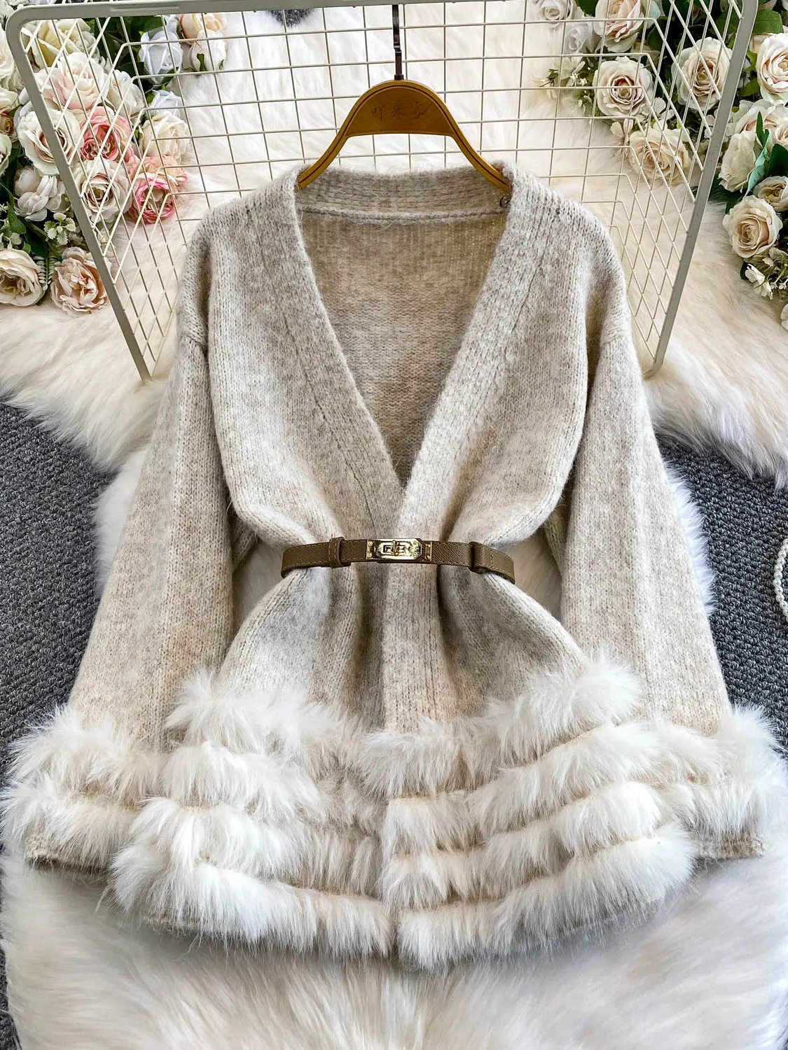 

Strap Waist V-Neck Sweater Women's Winter Fur Splicing Medium Long Coat