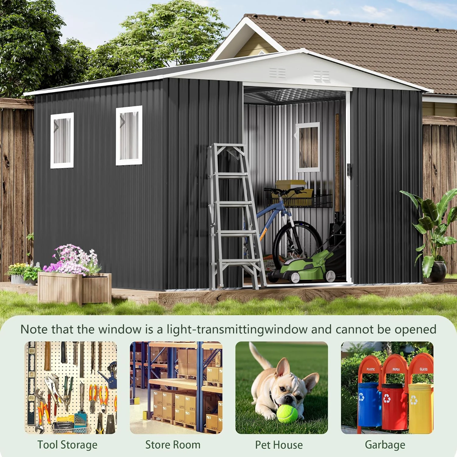 Outdoor Storage Garden Shed 12FTx10FT Apex Roof Grey With 4 windows and Aluminum Alloy Frame Tool House