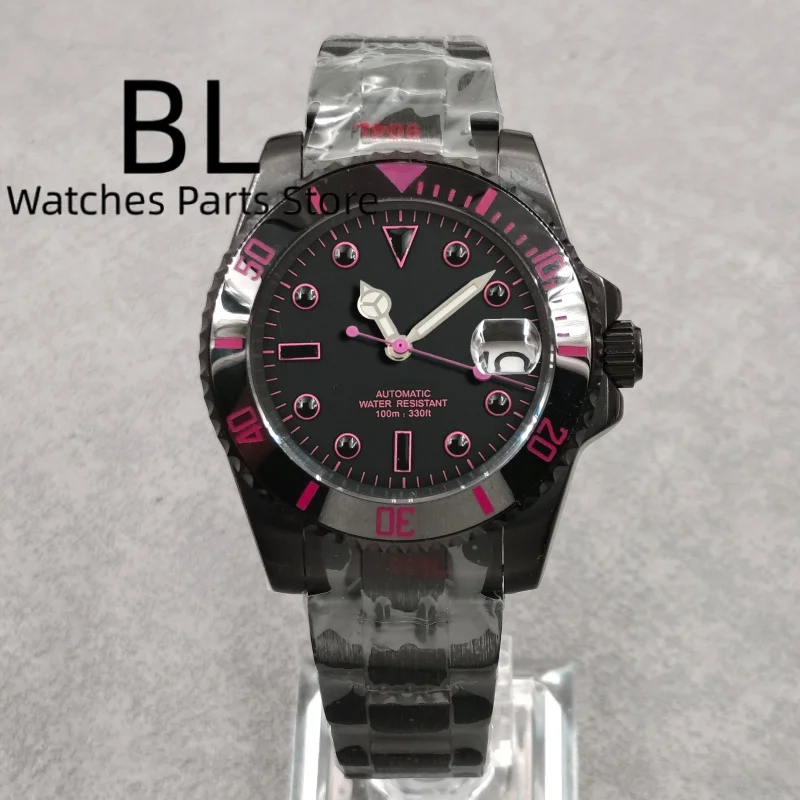 BLIGER 40mm Full Black PVD Mechanical Men's Watch Ceramic Bezel Sapphire Glass Black Pink Dial Second Hands Waterproof Reloj
