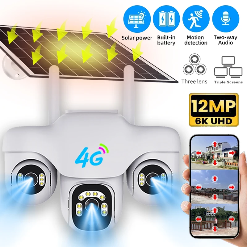 Three Lens Solar PTZ Camera Outdoor IP66 Waterproof Battery Video Monitor 12MP 3-Screen 10X Zoom Security Surveillance Cameras