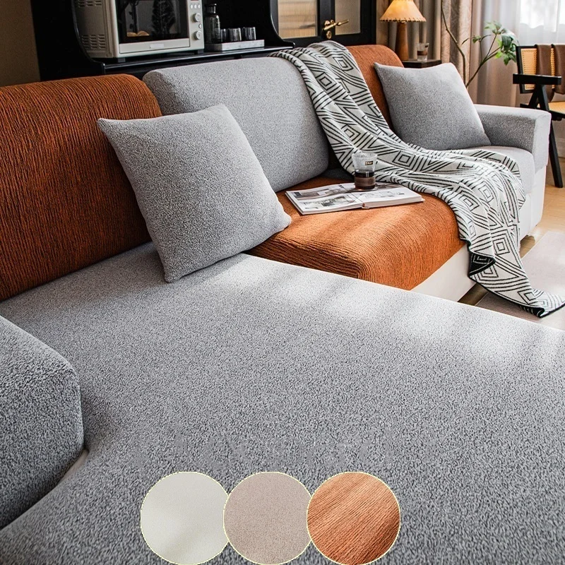 High-Stretch Chenille Sofa Cover All-Season Universal Non-Slip Slipcover Straight Couch Cushion Covers Solid Color Sofa Lid