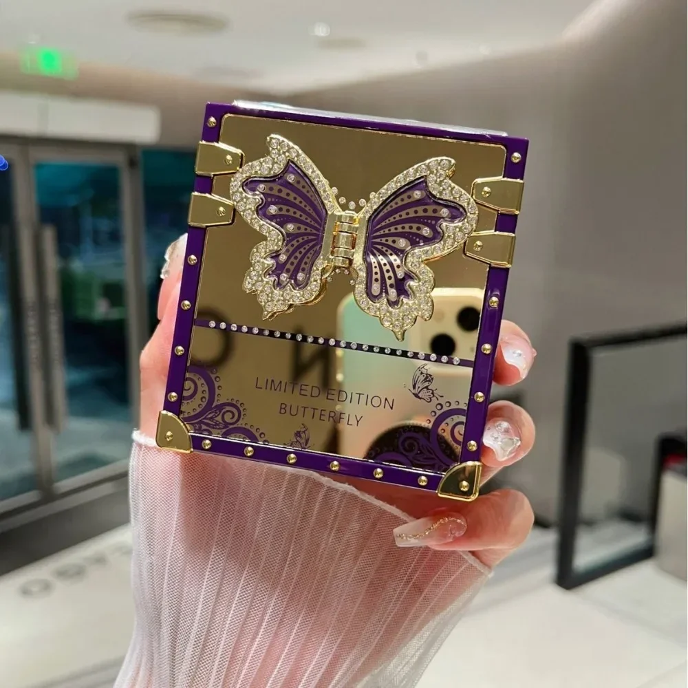 Cute Square Phone Case for Samsung Galaxy Z Flip 6 5 4 3 Flip6 Flip5 Flip4 Flip3 5G Luxury Bling Glitter Butterfly Stand Cover