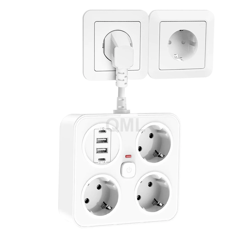 

Schuko Plug 3AC European Power Socket with 2USB 2Type-C Port Overload Protection German Power Strip for Household Hotel Bedrooms