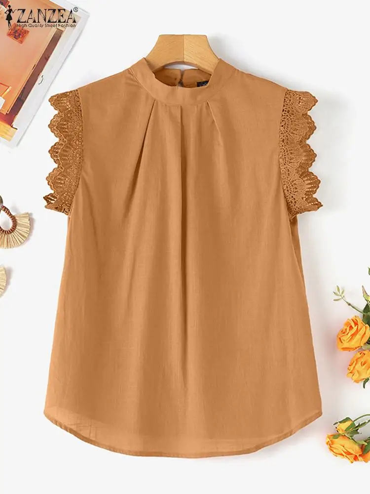 ZANZEA Korean Fashion Lace Tops Summer Sweety Cotton Sleeveless Blouse Women 2024 Solid O-neck Shirts Holiday Tunic Oversized