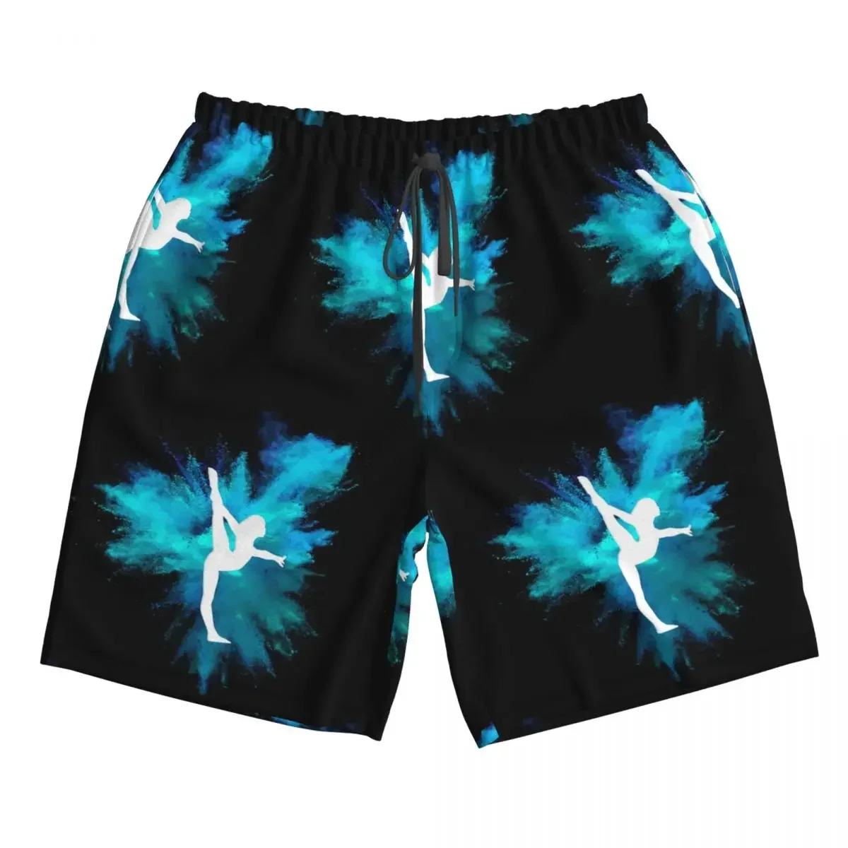 Silueta de gimnasta: pantalones de baño azules con estampado de explosión, tipo bermudas de playa, de secado rápido, para uso casual, ideales para el verano, para hombres.