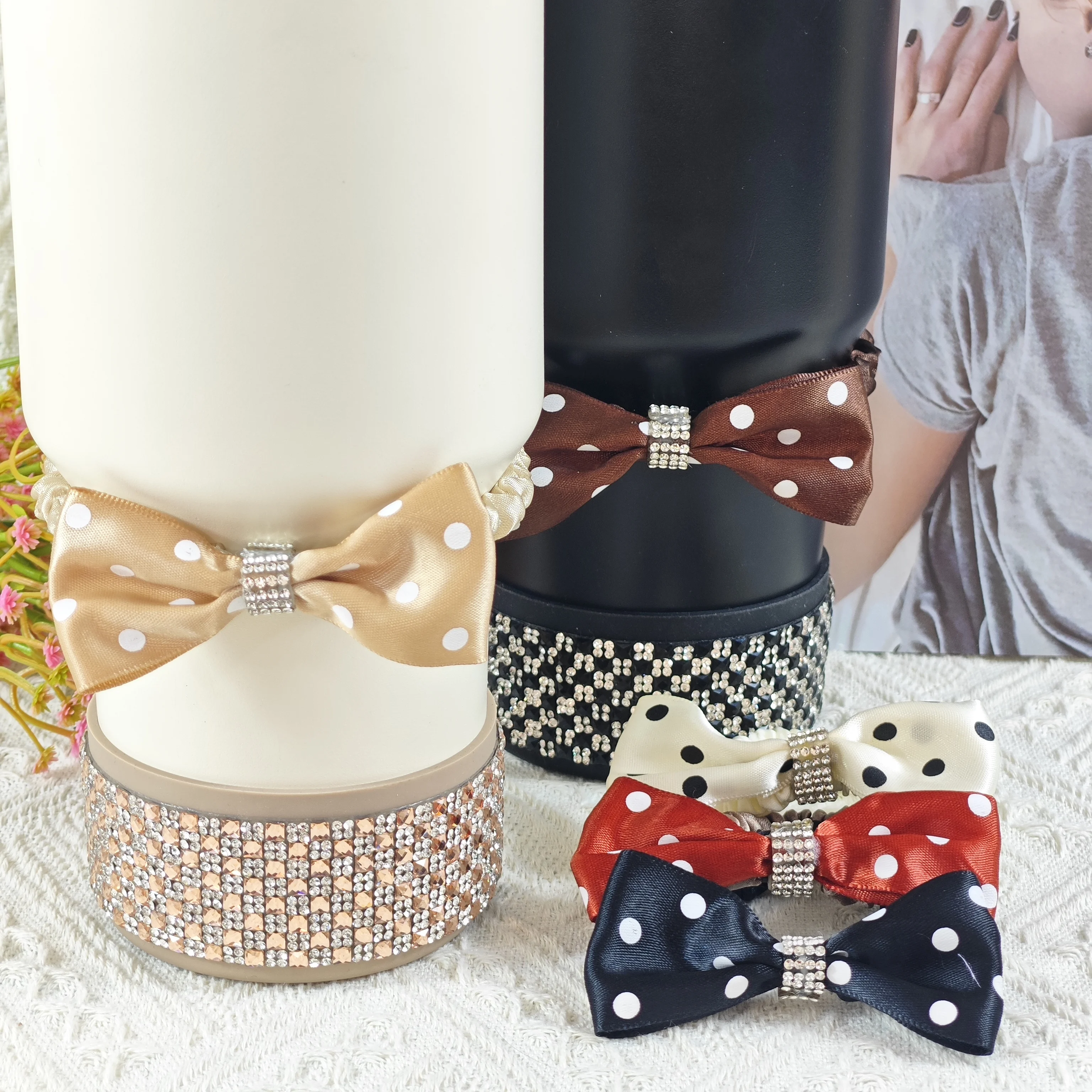 Fashionable Diamond Polka Dot Bow Hair Bands And Cup Sleeves Set - Stylish Practical Accessories for Beverages And Hair Styling