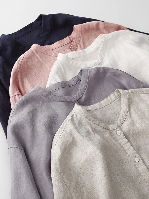 

Summer New Linen Stand Collar Seven Sve Loose Women's irt Anti UV Faionable Youthful Cotton Linen Blend Casual irt