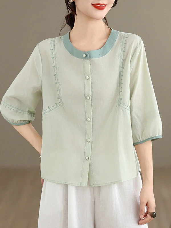 

Летняя женская рубашка-кардиган 2026 из хлопка и льна с вышивкой и цветными блоками, свободного кроя, универсальная, с рукавом до локтя, дышащая, тонкая