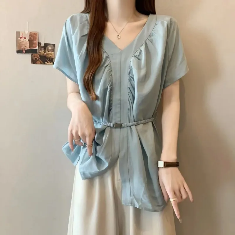 Women French V Neck Ruched Tie Waist Short Sleeve Shirt Loose Thin Summer Dopamine Blouse For Plus Size