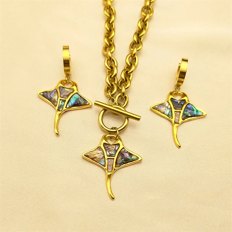 

Abalone Shell Devil's Fish Jewelry Set Women Men Stainless Steel Gold Color Vintage Colorful Animal Necklace Earring Set ZZZ600