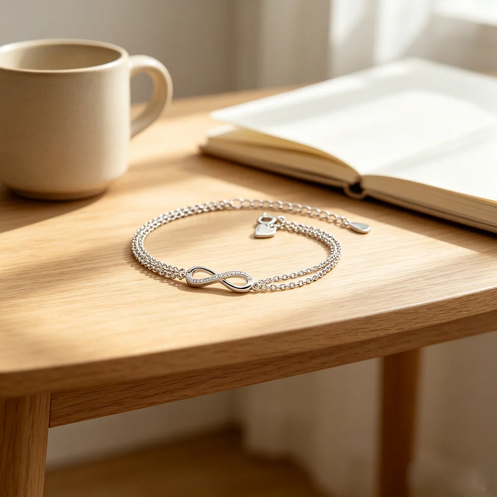 925 Sterling Silver Infinity Bracelet for Women Minimalist Double Layer Chain Design Dainty Zircon Inlaid 8‑Shaped Charm