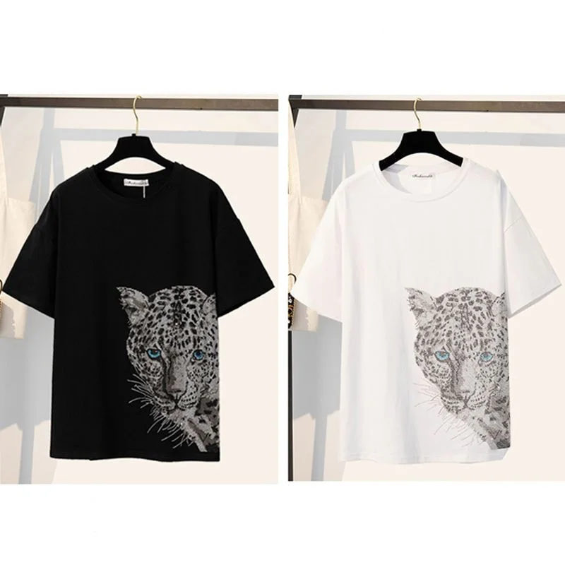 2023 Summer Fashion Trend Round Neck Leopard Print Hot Diamond Casual Loose and Handsome Street Versatile Short Sleeved T-shirt