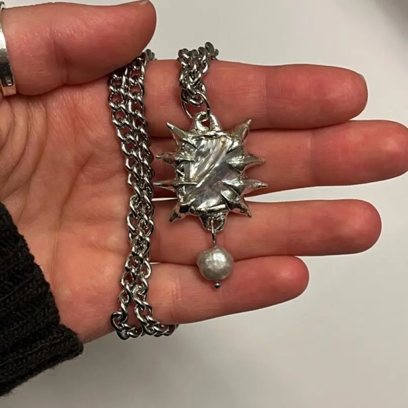 Brutalist Y2k Handmade Stainless Steel Necklace Square Organic Claws Rectangle Spiky Bubble Claw Pearl Soldered Jewelry