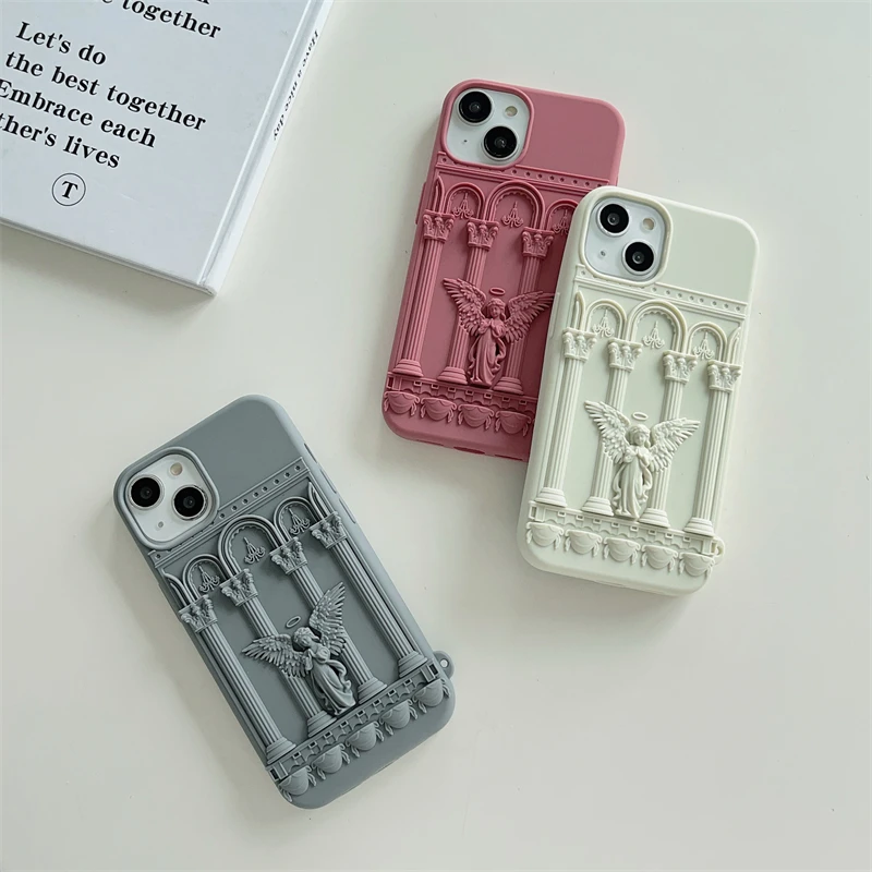 Retro Building Statue Pray Angel Phone Case for iPhone 15 14 13 12 11 Pro Max Plus shockproof silicone soft cover coque