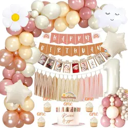 1 an fille décorations d'anniversaire Boho anniversaire ballon Kit joyeux anniversaire bannière bébé photo bannière étoile fleur feuille ballon papier gland