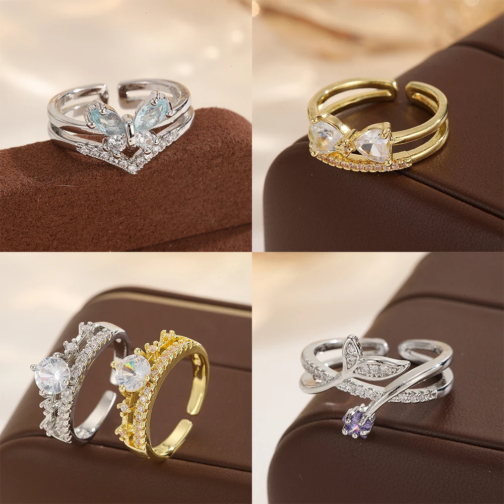 2 Crystal Double Layer Butterfly Mermaid Tail Adjustable Ring Open Stackable Gift For Friends
