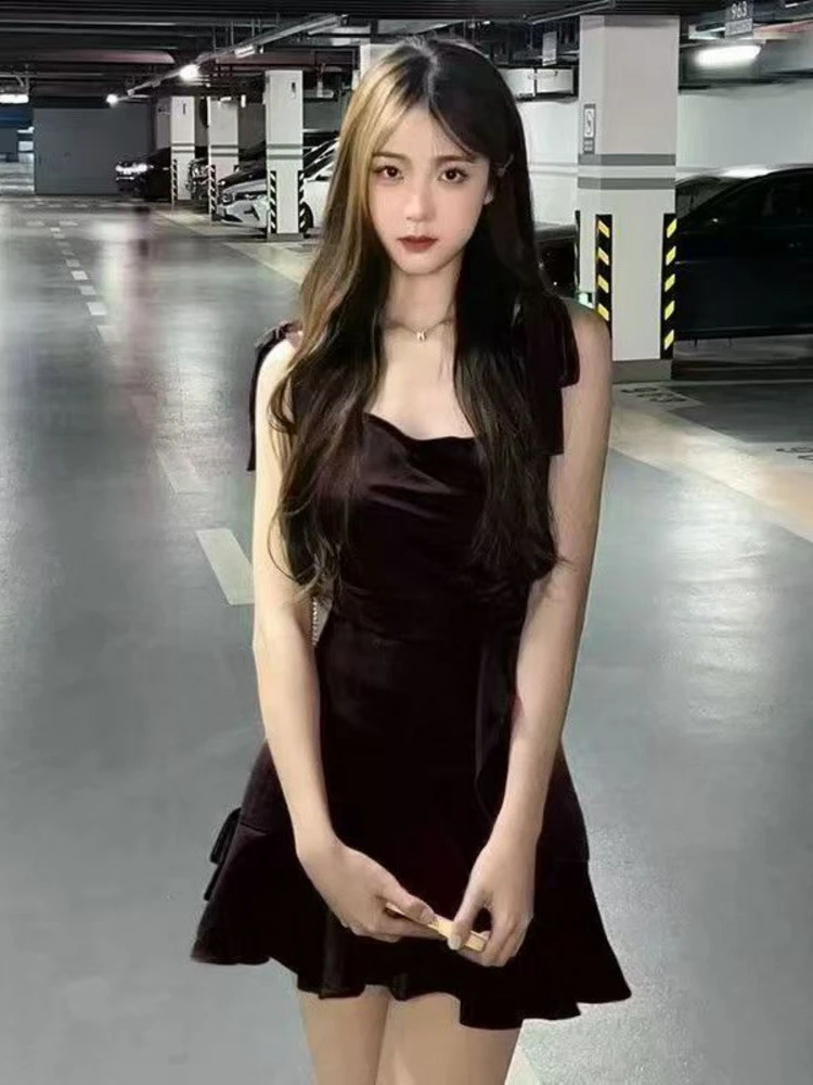 Retro Hepburn Sle Red Strapl Dr Women's Autumn Slimming ort Skirt Border Design Korean Version Commute Polyester Fa...