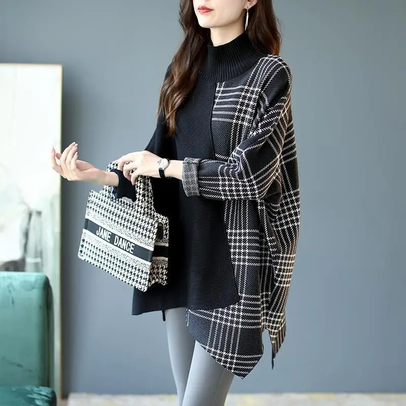 Fashion Turtleneck Spliced Plaid Batwing Sleeve Asymmetrical Sweater Women Clothing 2024 Autumn Casual Pullovers Irregular Tops