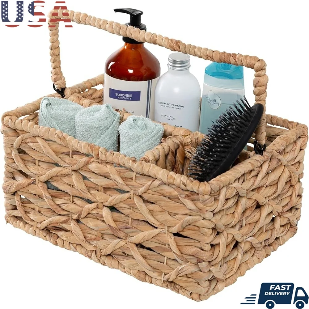 Cesta de mimbre multiusos de 3 compartimentos con asa, organización de almacenamiento, manualidades, artículos esenciales para el baño, fibra Natural