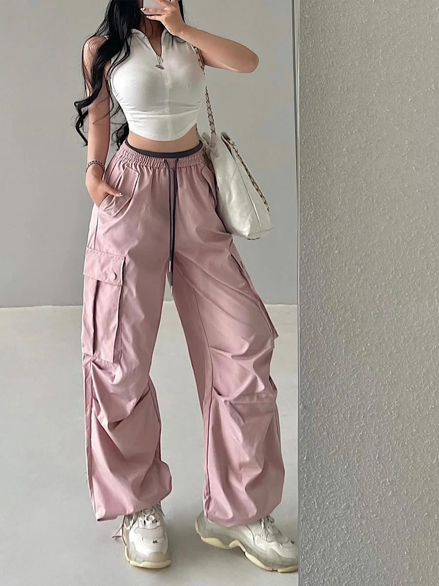 American Street Style Loose Wide Leg Cargo Pants with Drawstring And Big Pockets for Young Girls Casual Long Trousers