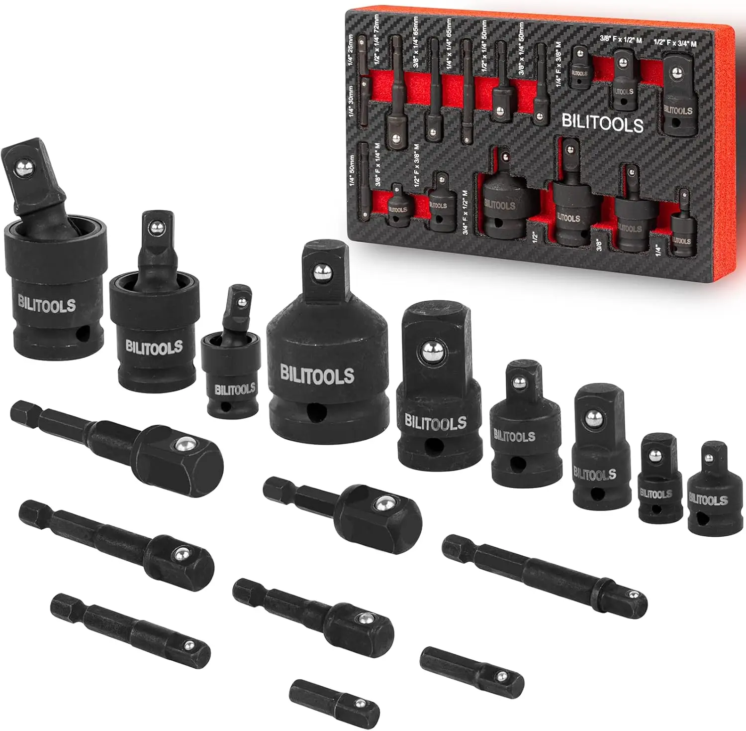 

Socket Adapter Set 17 Piece includes Reducer, Universal Joint Socket Set, Drill Adapter 1/4' 3/8' 1/2'