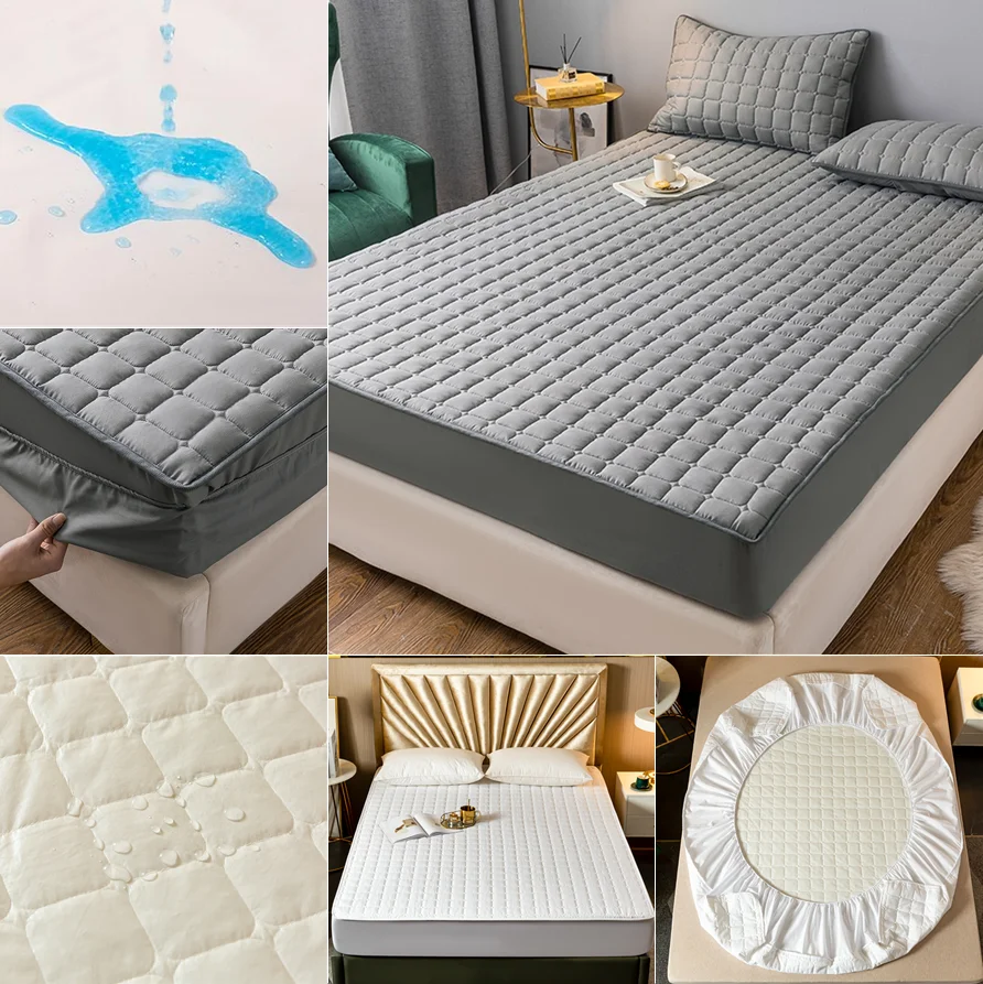 Waterproof Quilted Fitted Mattress Protector Solid Color Antibacterial Twin Full Queen King Size Bed Cover Elastic Band Sheets