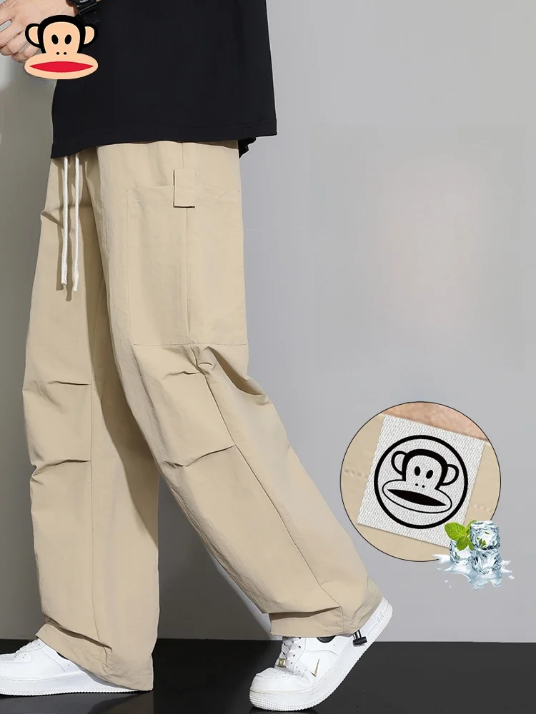 

PaulFrank Khaki Work Pants Men Summer Ice Silk Thin Straight Loose Casual Trousers Loose Fit Youthful Sle Polyester Fiber