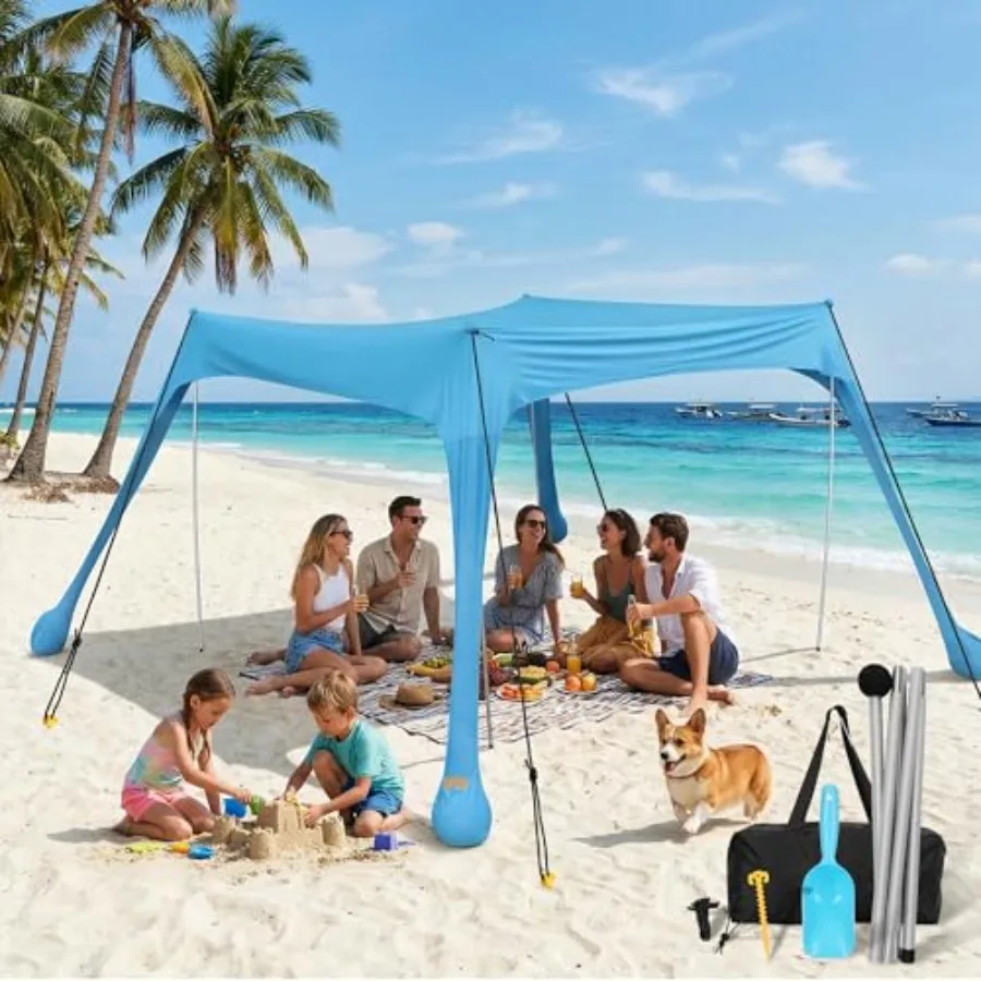 

10x10FT Beach Canopy Tent Sun Shade with Aluminum Poles and Sandbags for Fishing Camping Windproof UV Protection Sun Canopy in
