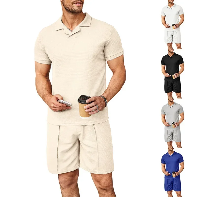 Men's Suits Summer New Waffle V-neck Polo Shirt with Flip Collar Short Sleeved T-shirt Men's Set