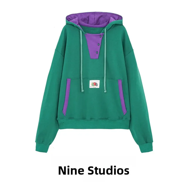 Loose Fit Hoodie Top for Women by Nine Zar with Button Detail Color Block Design Girl's Casual Comfortable Sweatshirt
