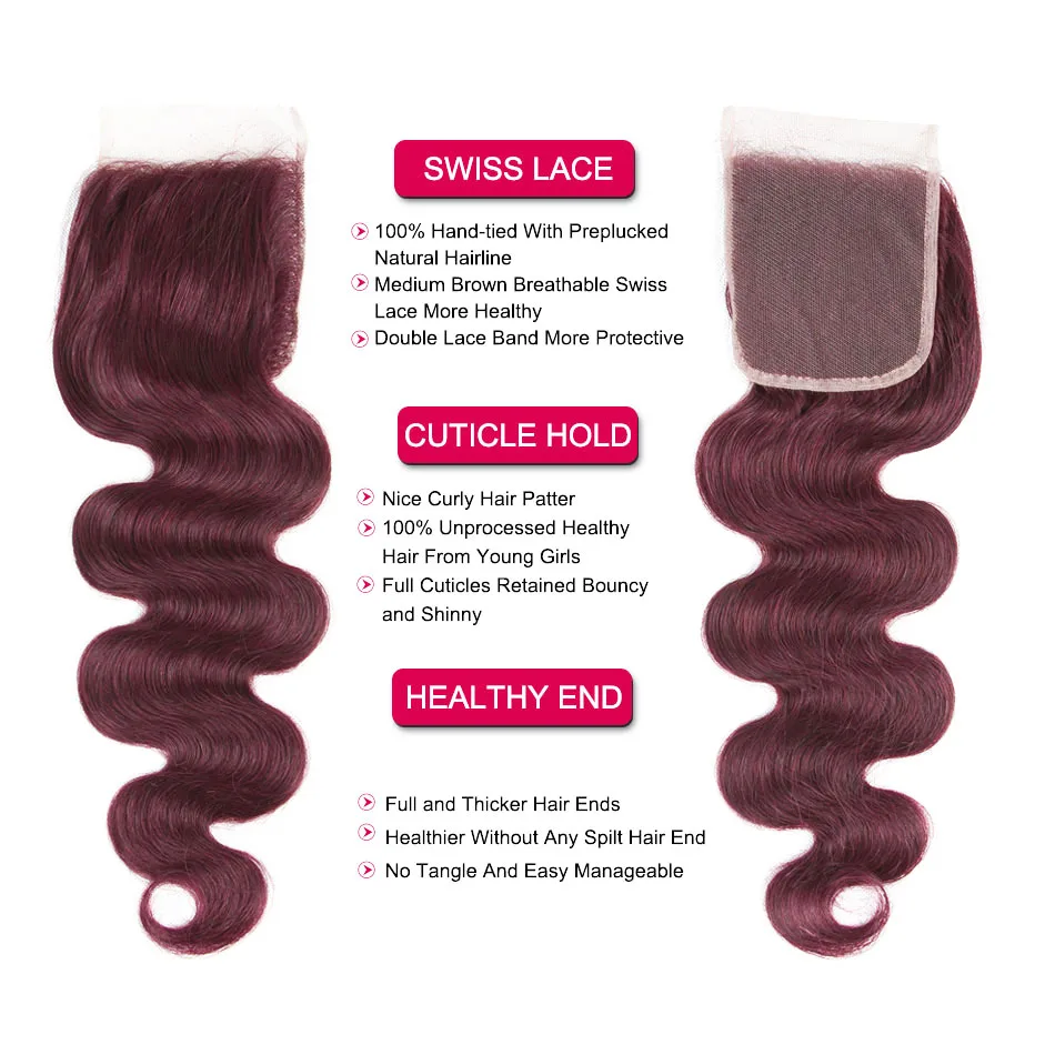 99J# Burgundy Body Wave Human Hair Closure Color 99J# 4x4 Straight Lace Closure 100% Human Hair With Baby Hair Remy