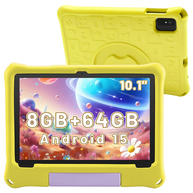 تابلت للأطفال، تابلت أندرويد 15 للأطفال 10.1 بوصة ثماني النواة مع حافظة، 8 جيجابايت 64 جيجابايت 1 تيرابايت قابل للتوسيع للأطفال الصغار، كاميرا مزدوجة