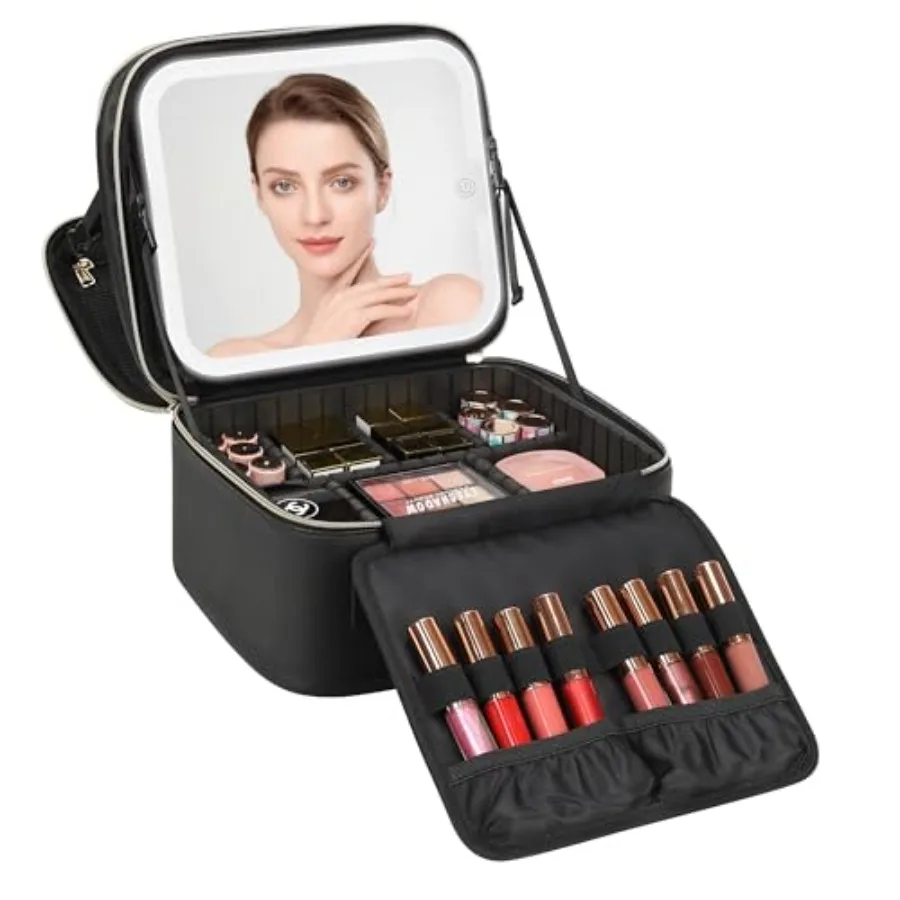 

Makeup Bag with LED Mirror, Small Travel Makeup Case with Rechargeable Lighted Mirror 3 Color Lights, Double Layer Cosmetic Box