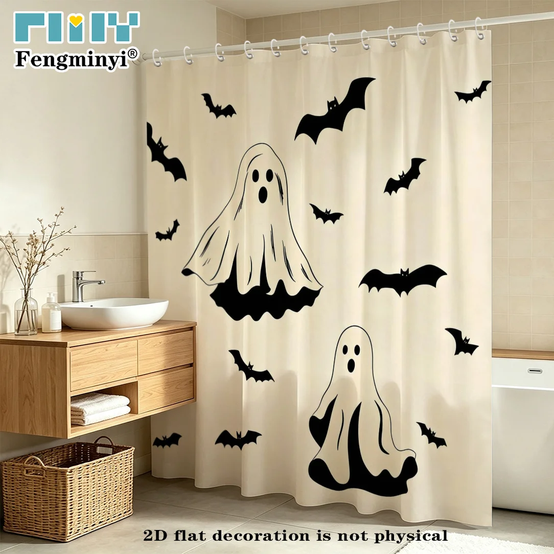 Halloween Ghost Shower Curtain, Cute Spooky Bat Pattern, Black White Cartoon Art, Holiday Party Bath Decor, Waterproof Polyester