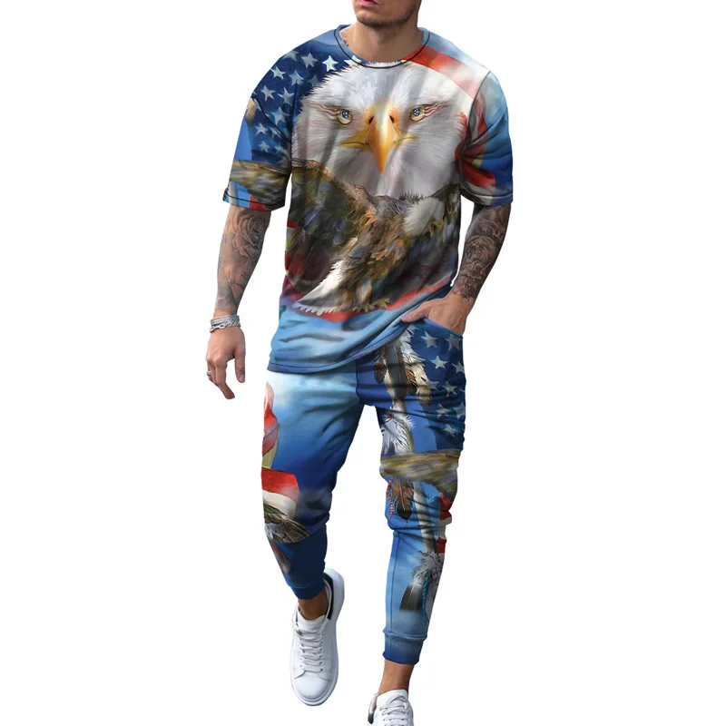 

4th of July Independence Day USA Flag Eagle 3D Print Men Vintage Tracksuit T-Shirt+Jogging Pants 2Pcs Set Clothing Plus Size 6XL