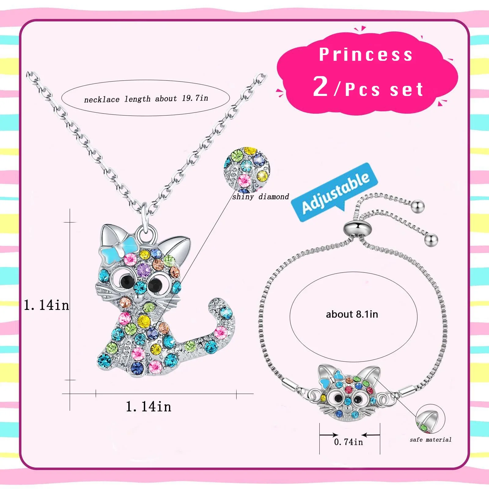 

2 Pcs Set Cute Cat Pendant Necklace for Women Children Princess Fashion Colorful Crystal Cartoon Animal Bracelet Custom Jewelry