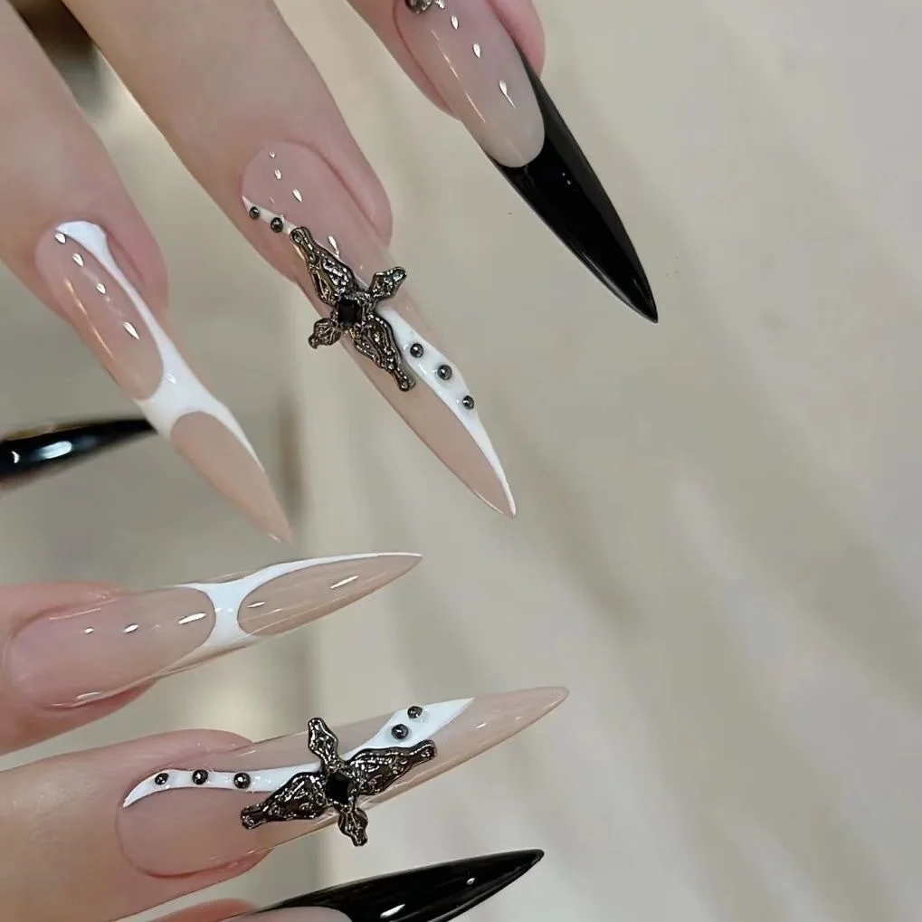 10pcs Handmade Press on Nails Gothic Punk Metal Silver Irregular Lines Fake Nail Tips Wearable Dark Blue Spice Girl False Nails image 6