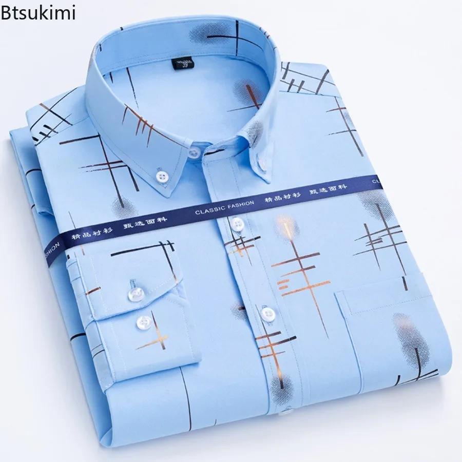 Latest Hot Sale Men's Dress Shirts Spring Autumn High-end Non-iron Anti-wrinkle Business Casual Shirts Slim Print Chemise Homme
