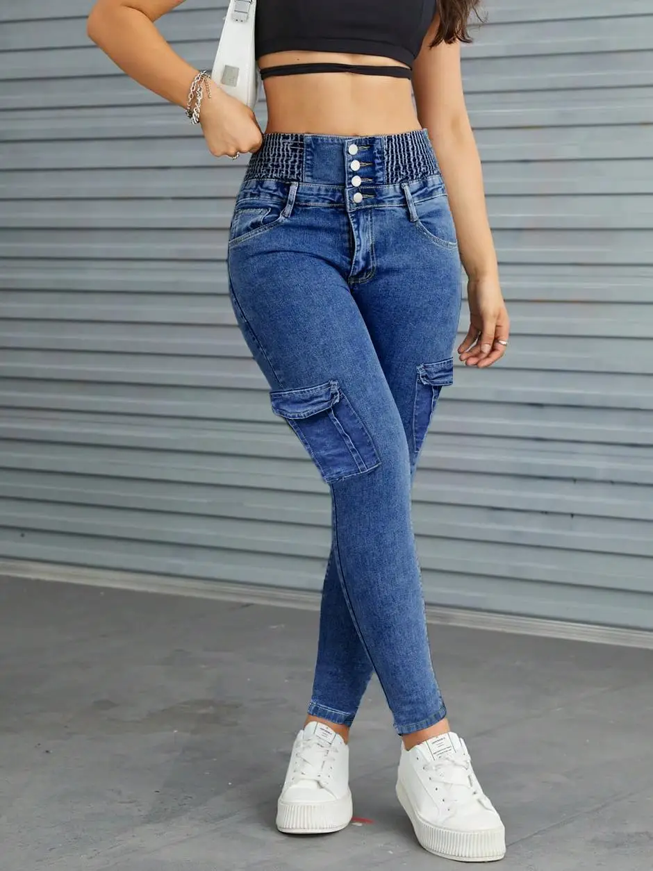 

High Waist Jeans For Women Sheath Pencil Pants Pockets Cargo Denim Skinny Buttoned Casual Fashion Denim Pants Y2k Streetwear