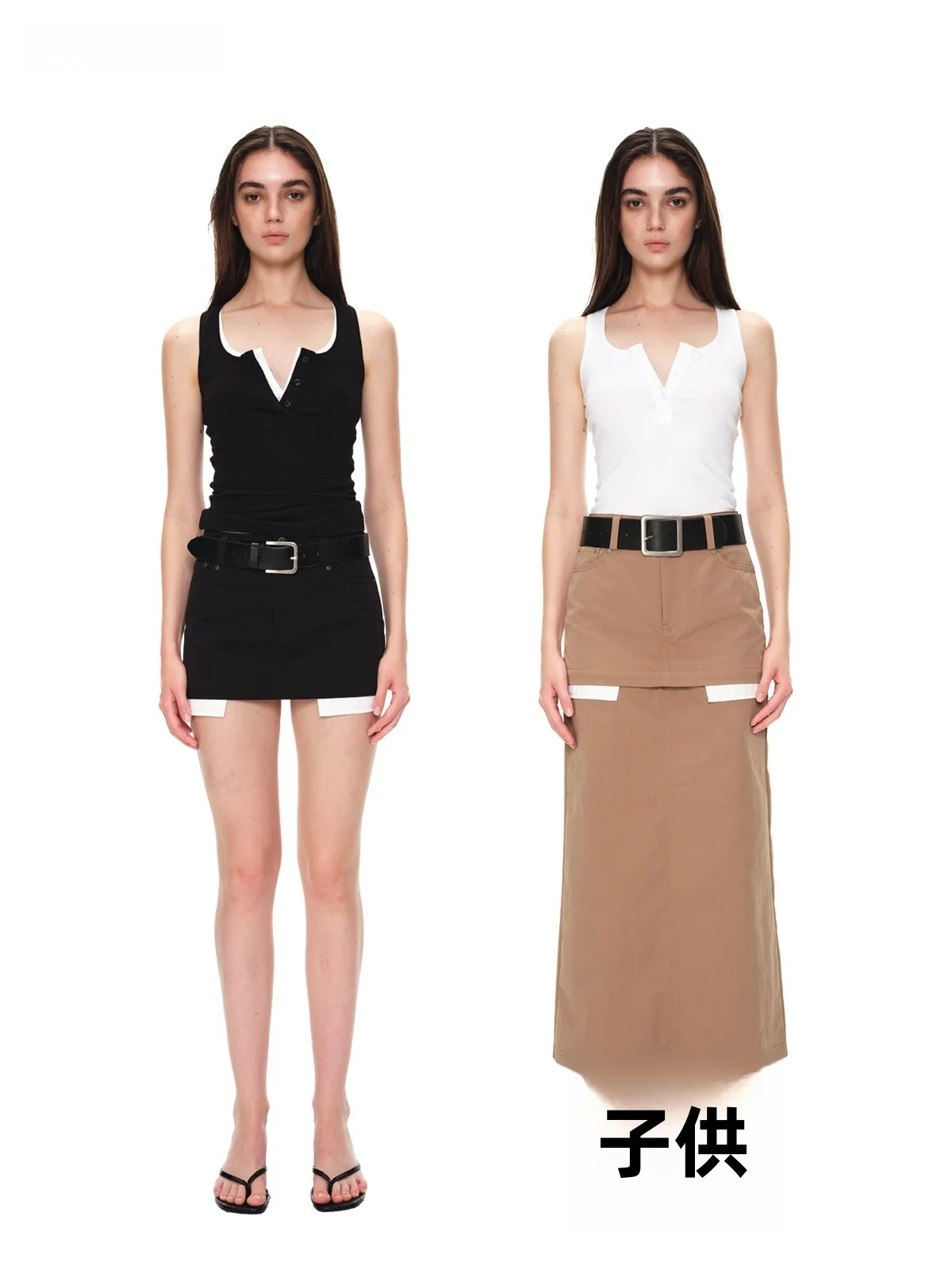 

AEOOY двусторонняя съемная тонкая прямая юбка-миди с разрезом Busin Повседневная со средней талией из смеси хлопка на молнии с деталями