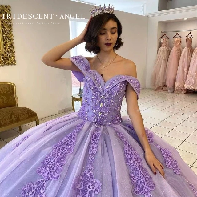 Iridescente Lavanda Fora Ombro Ball Gown Apliques Beading Quinceanera Vestidos Menina Birthday Party Vestidos De Quinceañera