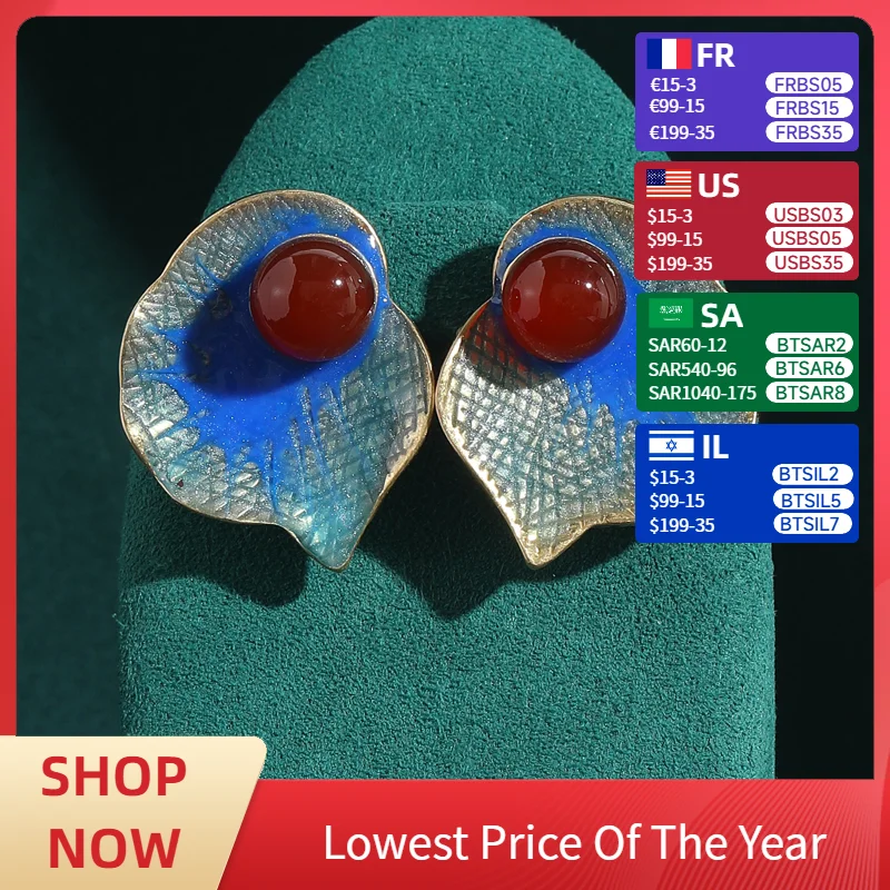 

Vintage Big Enamel Blue Red Agate Earrings Stud Gold Color Leaves Natural Pomegranate Luxury Brand Designer Antique Jewelry