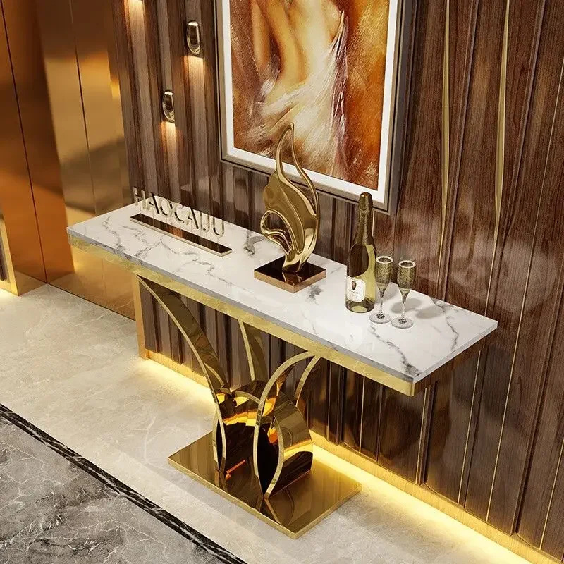 elegant metal gold living room furniture sintered stone console table with Stainless steel modern for command center minimalist