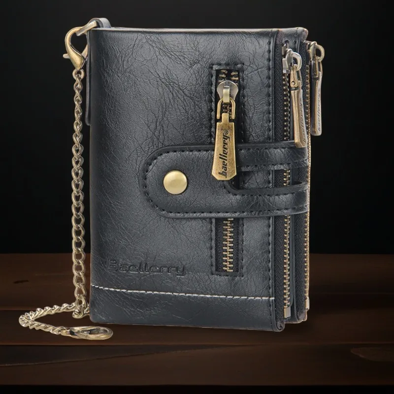 Baellerry Business Wallet Double Zipper Chain Triple Fold Multi-Card Men's Short Card Clip Large Capacity Fashion Coin Bag