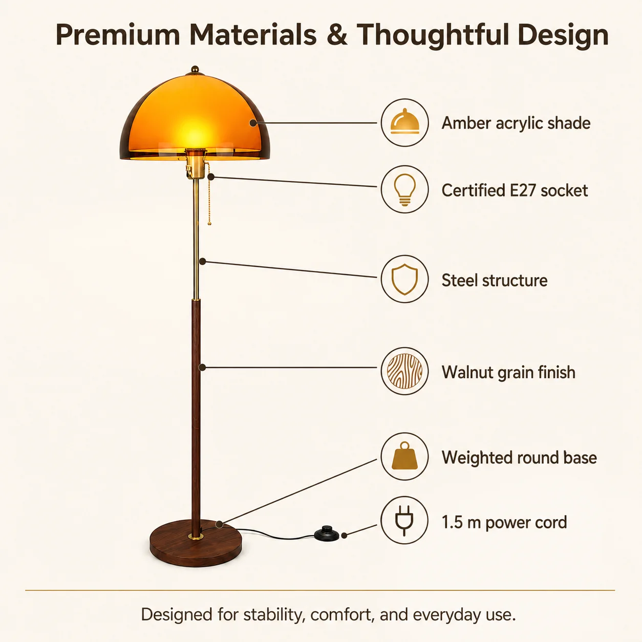 Walnut Color Floor Lamp with Zipper French Mid-century Standing Light Sofa Living Room Bedroom Bedside Decor Home Floor Light