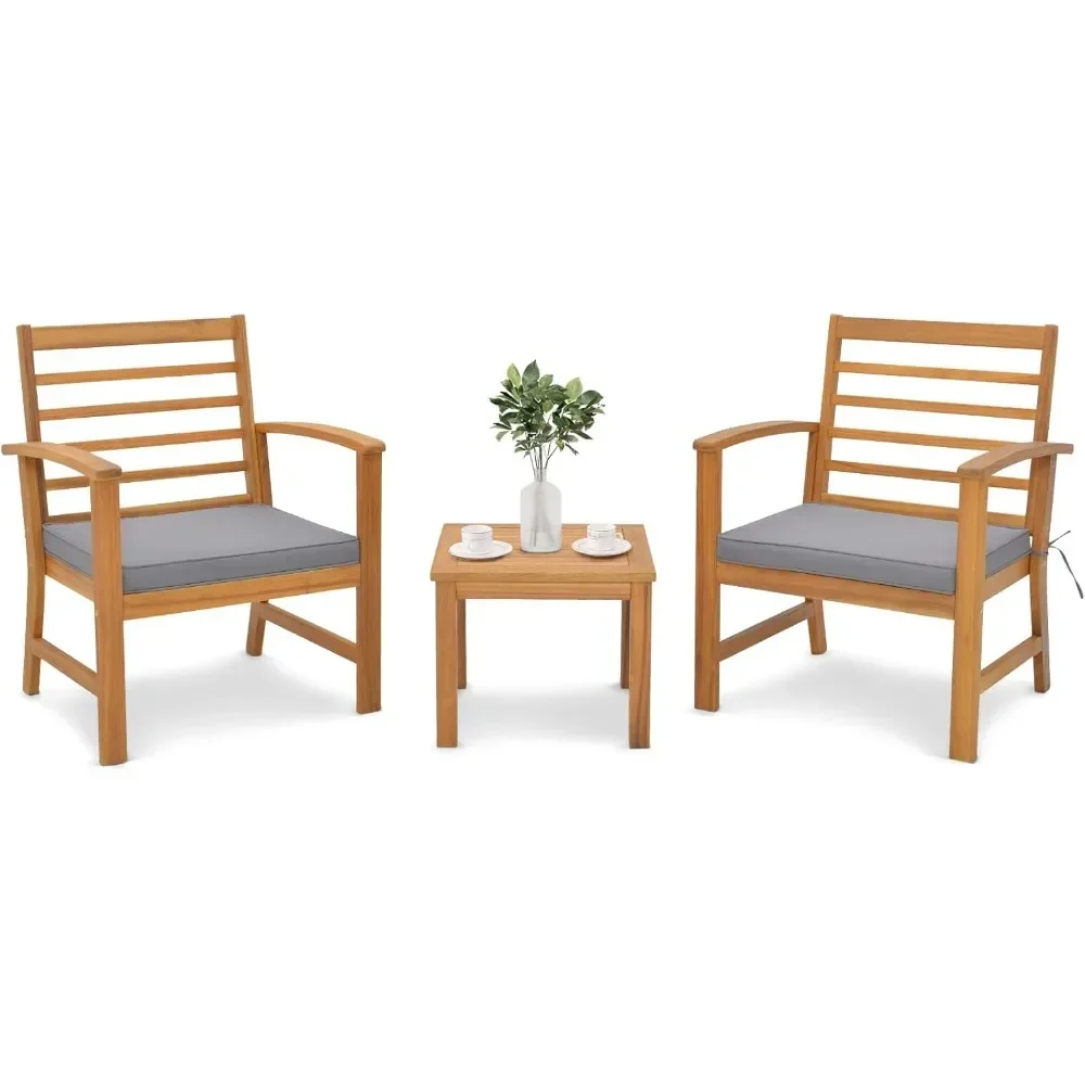 3 Pieces Outdoor Furniture Set, Acacia Wood Conversation Set with Soft Seat Cushions, Stable Acacia Wood Frame, Patio Sofa