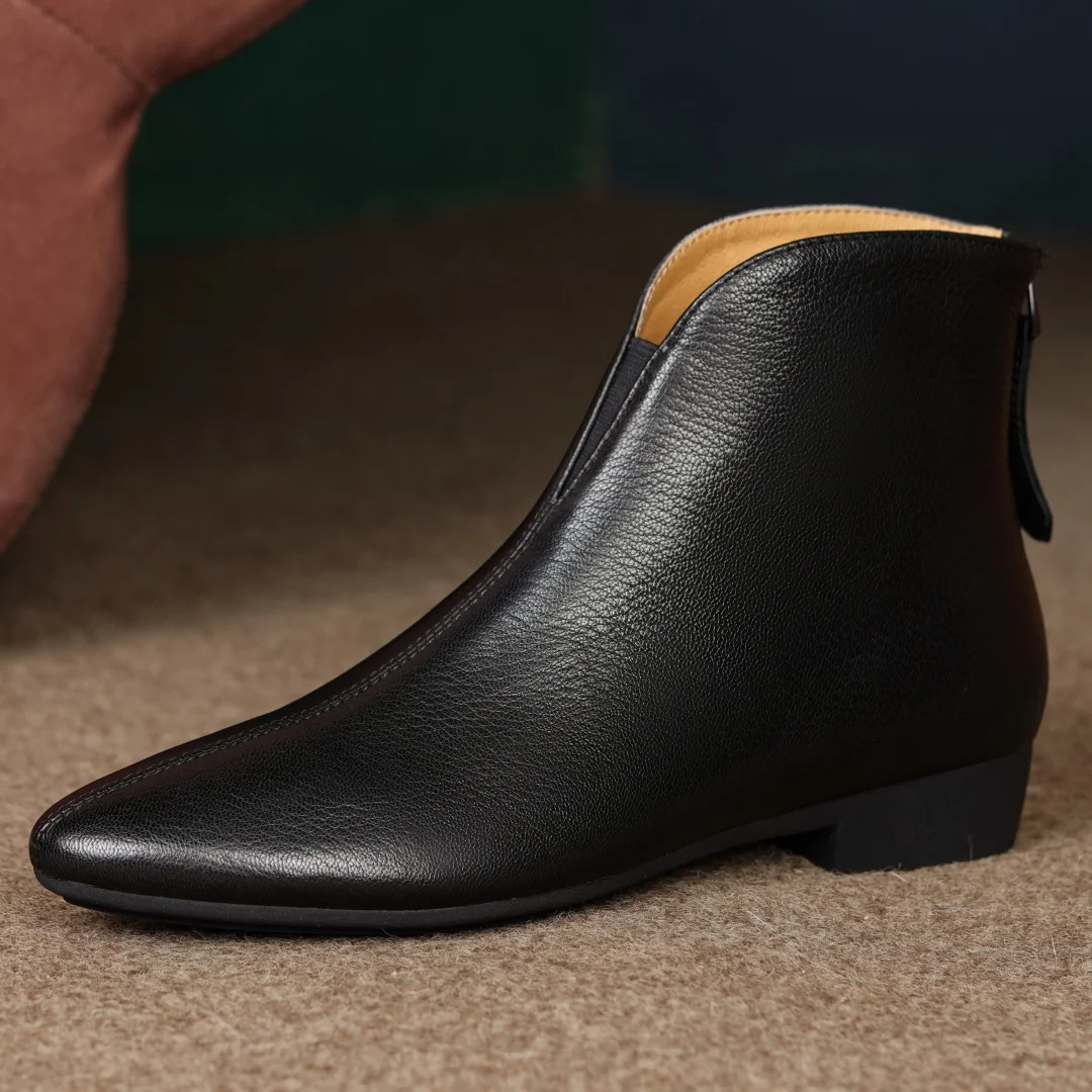 Damskie buty z owczej skóry ze szpiczastym noskiem i zamkiem błyskawicznym z tyłu jesienne botki wysokiej jakości miękkie wygodne codzienne damskie krótkie botki — zdjęcie 4