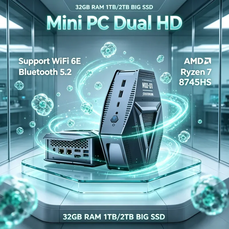 Smooth Multitask R7 8745HS Mini PC Win11 WiFi6 Type-C HD DP 2DDR5 4USB3.2 Dual 2.5G Ethernet Light Office Computer